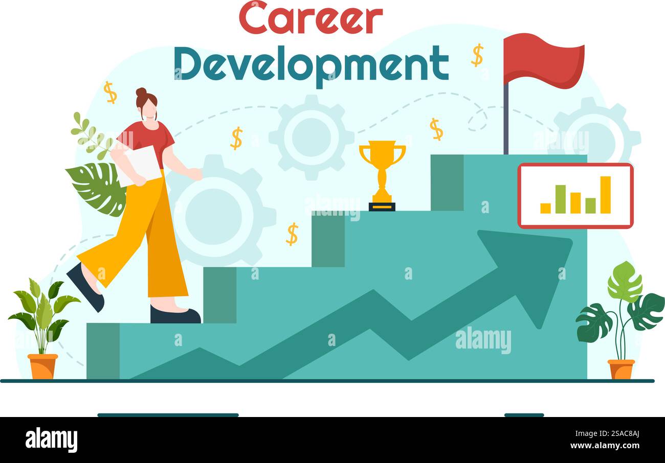 Sviluppo della carriera illustrazione vettoriale con scala al successo e aumento dei ricavi su grafico a barre migliorato in Business Goal Flat background Design Illustrazione Vettoriale