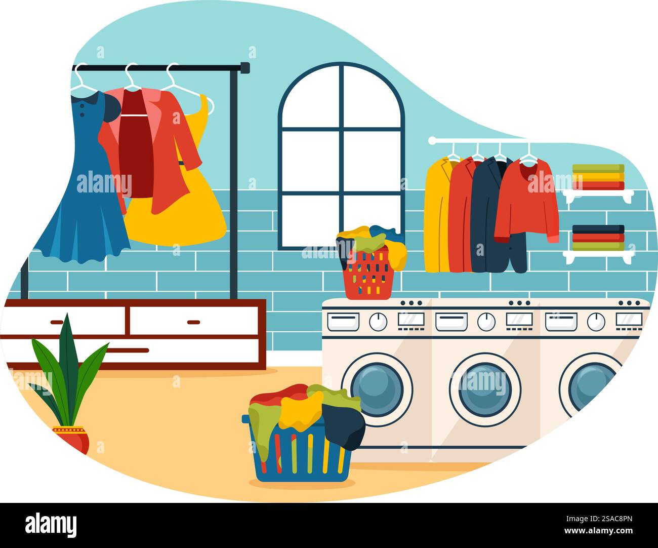Servizio di lavaggio a secco illustrazione vettoriale con lavatrici, asciugatrici e lavanderia per abbigliamento pulito in un design di sfondo in cartone animato piatto Illustrazione Vettoriale