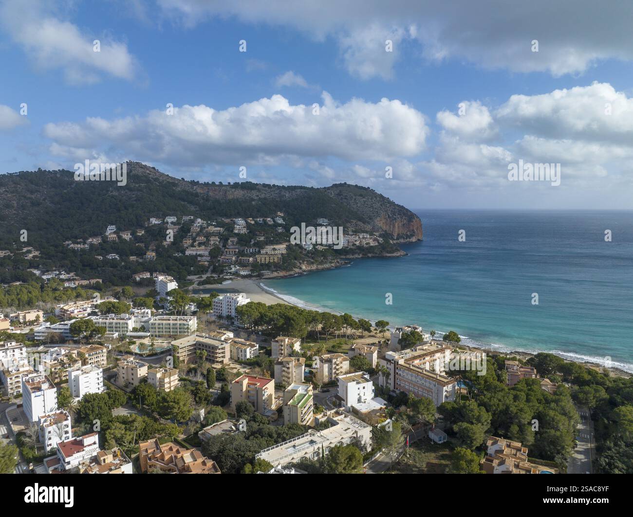 Vista aerea, Spagna, Isole Baleari, Maiorca, Capdepera, Cuevas de Arta e Platja de Canyamel, Europa Foto Stock