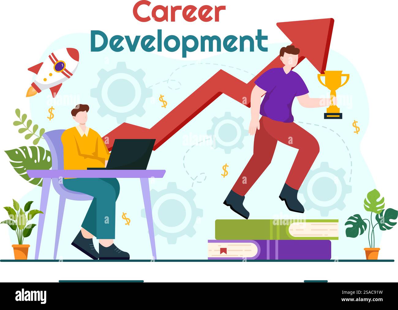 Sviluppo della carriera illustrazione vettoriale con scala al successo e aumento dei ricavi su grafico a barre migliorato in Business Goal Flat background Design Illustrazione Vettoriale