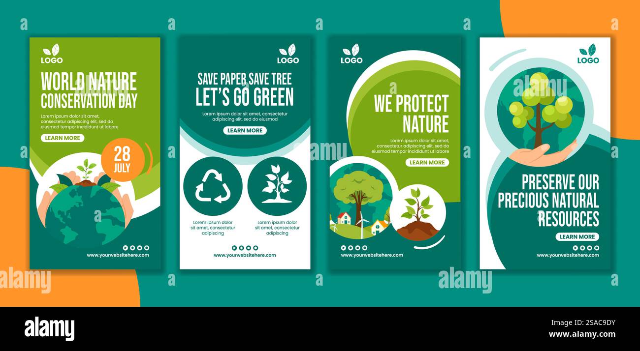 Nature Conservation Day Social Media Stories Cartoon Hand Drawn Templates background Illustration Illustrazione Vettoriale