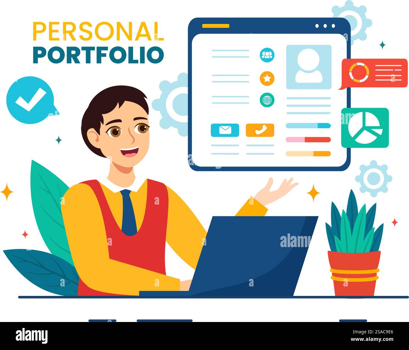 Illustrazione del vettore del portafoglio personale con dati del profilo, curriculum o auto-miglioramento per attirare clienti e datori di lavoro in background Flat Cartoon Illustrazione Vettoriale