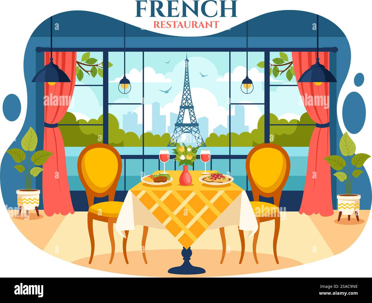 Cucina francese ristorante Vector illustrazione con vari piatti tradizionali o nazionali della Francia su sfondo di cartone animato piatto Illustrazione Vettoriale