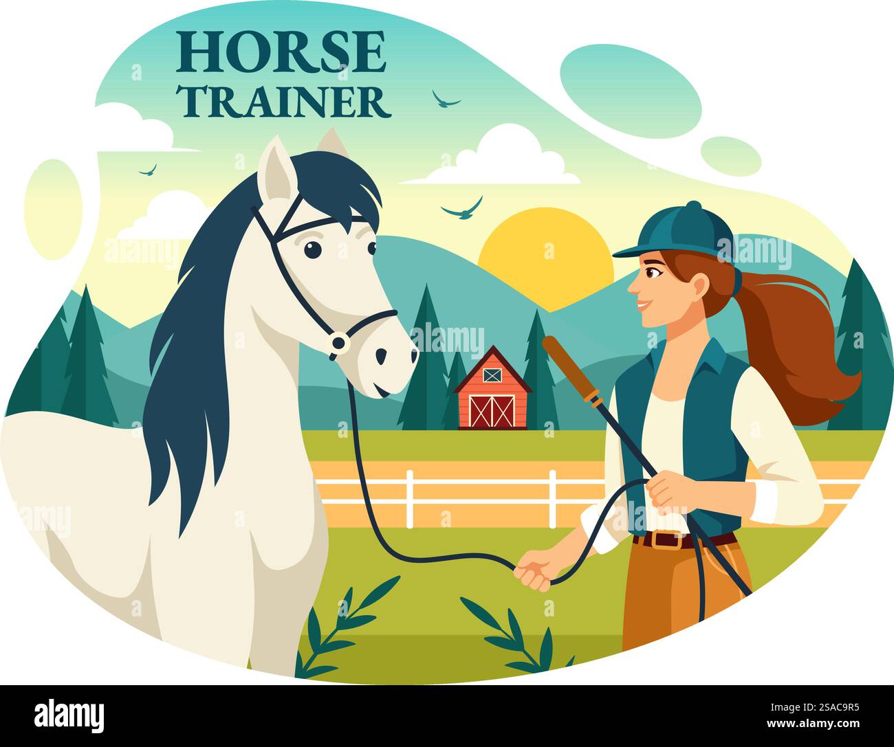 Illustrazione vettoriale dell'istruttore equestre con addestramento, lezioni di equitazione e cavalli da corsa in Flat Cartoon background Design Illustrazione Vettoriale