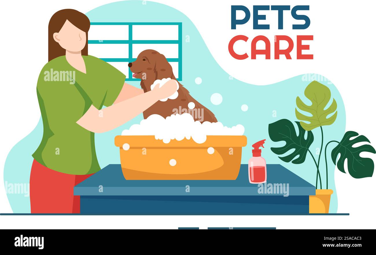 Animali domestici cura illustrazione vettoriale con ricovero per animali o clinica veterinaria per prendersi cura di cane o gatto in Healthcare disegno di sfondo di cartone animato piatto Illustrazione Vettoriale