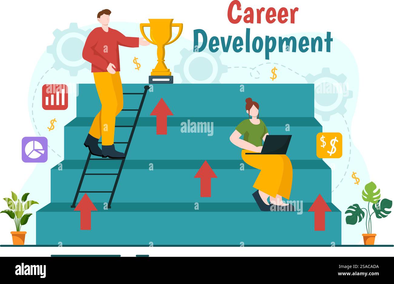 Sviluppo della carriera illustrazione vettoriale con scala al successo e aumento dei ricavi su grafico a barre migliorato in Business Goal Flat background Design Illustrazione Vettoriale