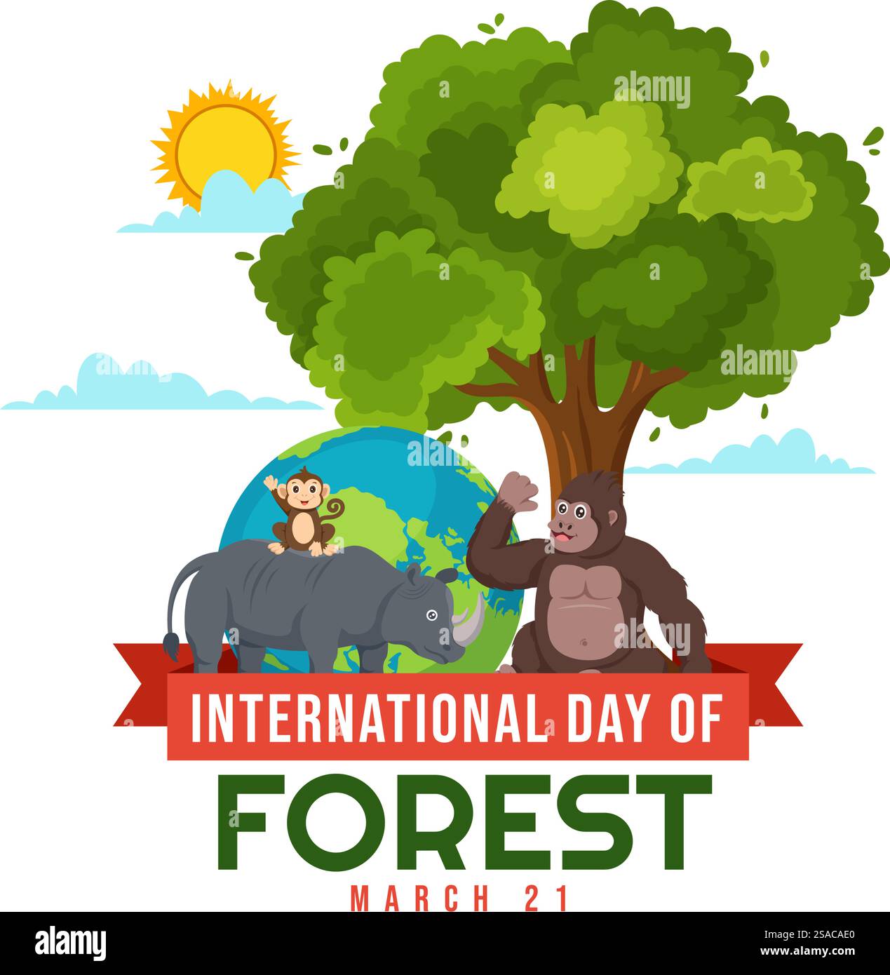 Illustrazione vettoriale della giornata internazionale della foresta il 21 marzo con piante, alberi, campi verdi e vari animali selvatici in background per la silvicoltura economica Illustrazione Vettoriale