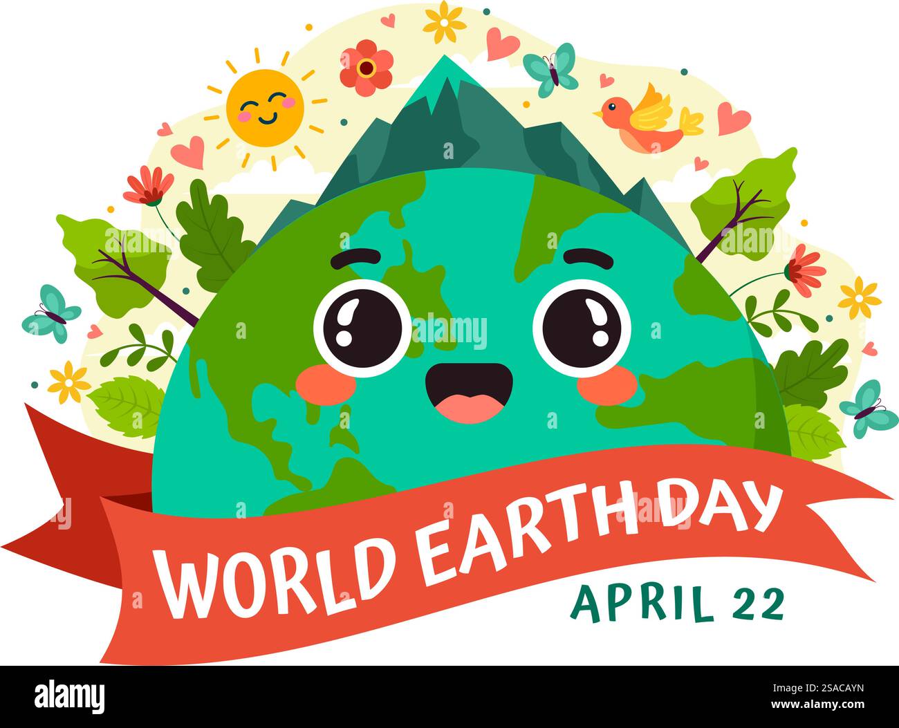 World Earth Day Vector Illustration il 22 aprile con World Map and Plants or Trees for Greening Awareness in Environment Flat Cartoon background Illustrazione Vettoriale