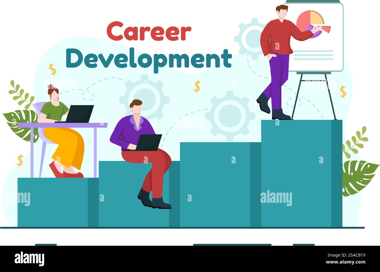 Sviluppo della carriera illustrazione vettoriale con scala al successo e aumento dei ricavi su grafico a barre migliorato in Business Goal Flat background Design Illustrazione Vettoriale