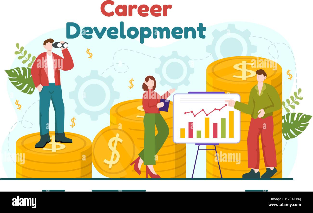 Sviluppo della carriera illustrazione vettoriale con scala al successo e aumento dei ricavi su grafico a barre migliorato in Business Goal Flat background Design Illustrazione Vettoriale