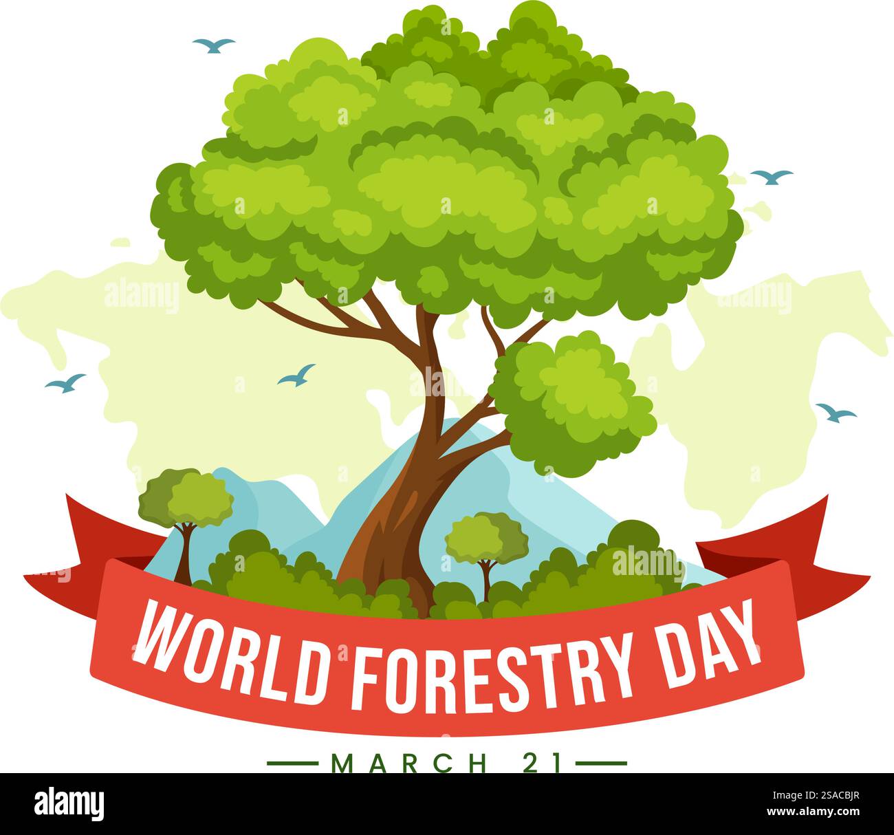Illustrazione vettoriale della giornata internazionale della foresta il 21 marzo con piante, alberi, campi verdi e vari animali selvatici in background per la silvicoltura economica Illustrazione Vettoriale