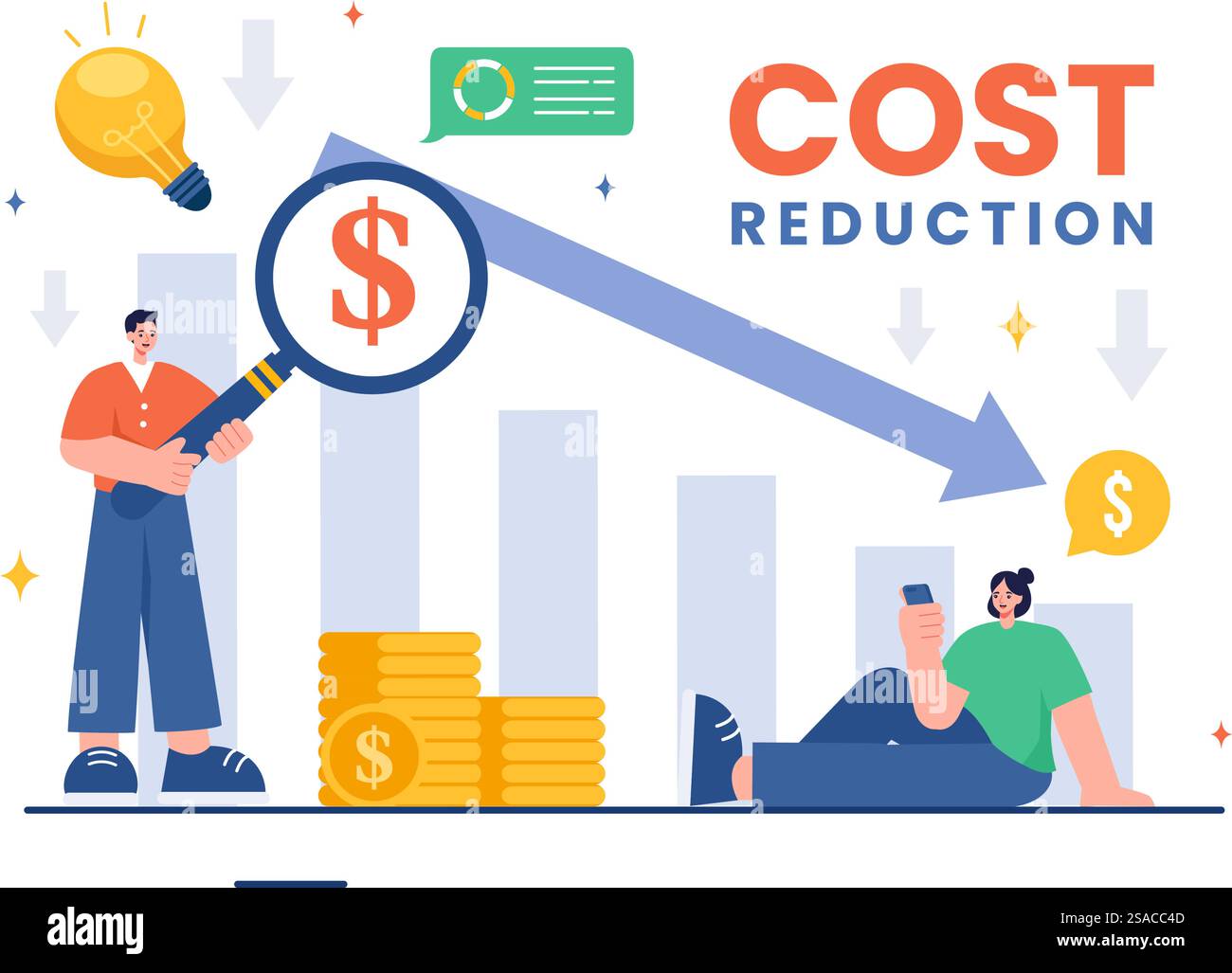 Riduzione dei costi illustrazione vettoriale che raffigura la diminuzione, la riduzione dei prezzi o la diminuzione dei tassi di profitto in azienda, su sfondo di cartone animato in stile piatto Illustrazione Vettoriale