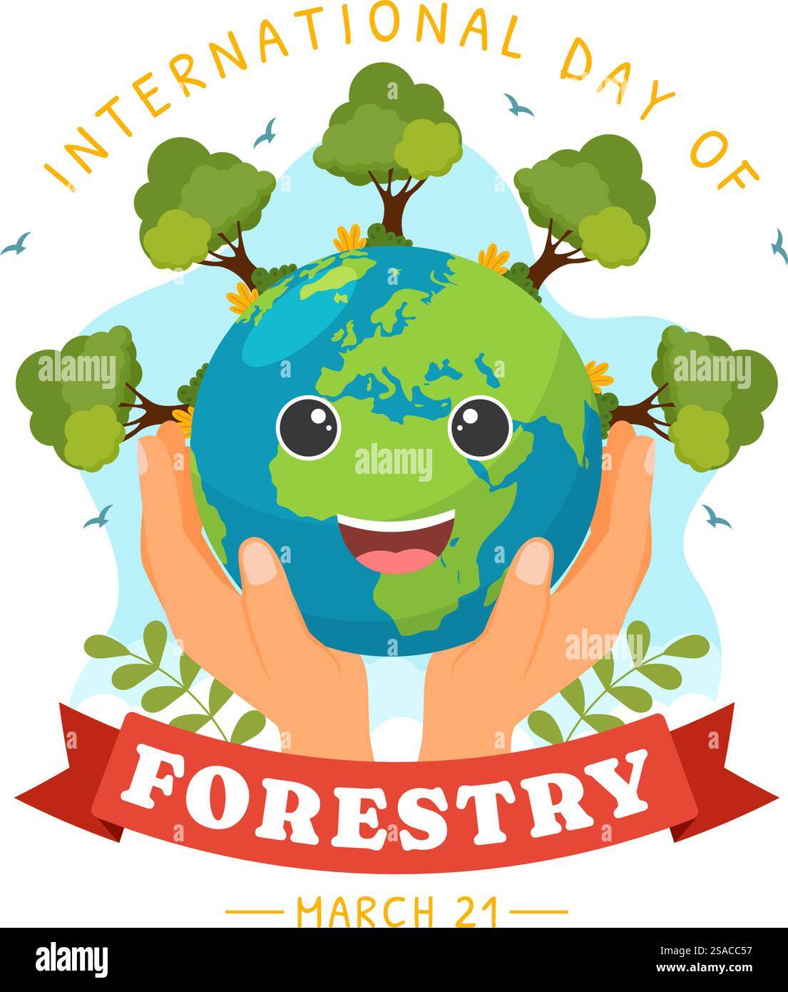 Illustrazione vettoriale della giornata internazionale della foresta il 21 marzo con piante, alberi, campi verdi e vari animali selvatici in background per la silvicoltura economica Illustrazione Vettoriale