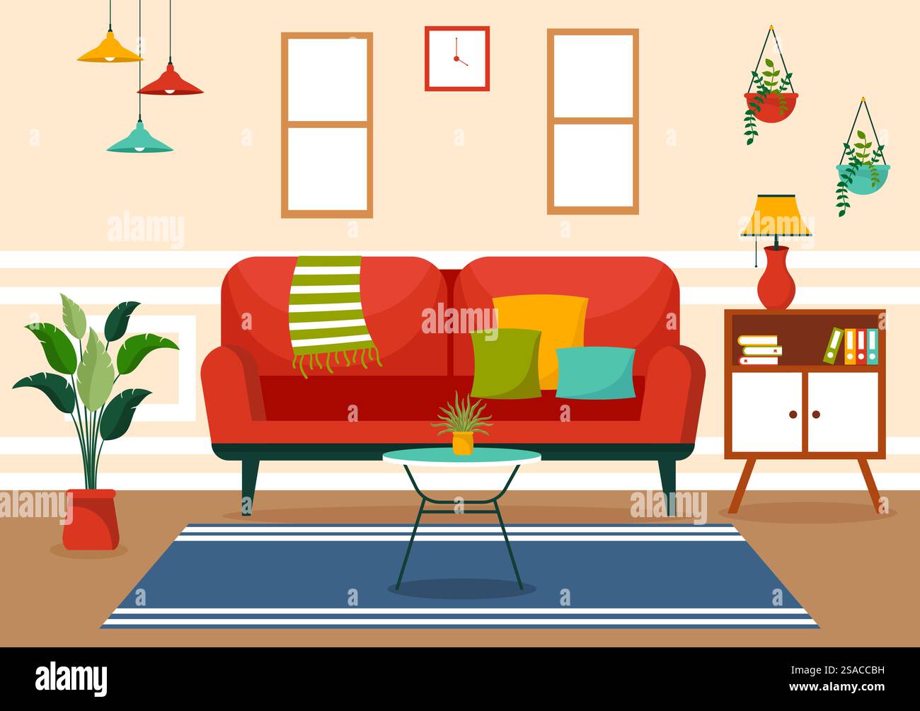 Illustrazione vettoriale di arredamento con interni e mobili del soggiorno come comodo divano, finestra, sedia, piante e accessori Illustrazione Vettoriale