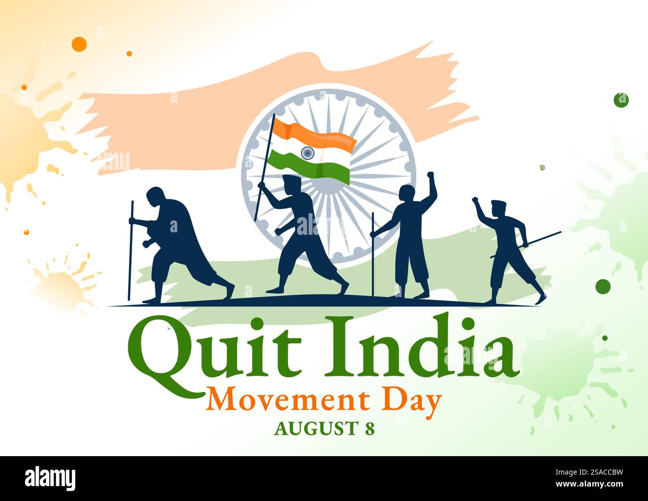 Esci dall'India Movement Day Vector Illustration l'8 agosto con bandiera indiana e silhouette di persone in Flat Cartoon background Design Illustrazione Vettoriale