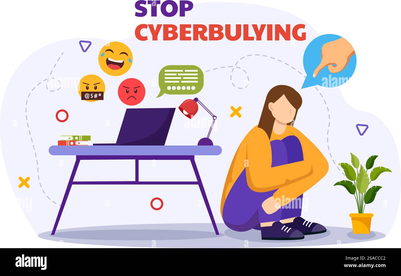 Stop al cyberbullismo illustrazione vettoriale di Haters Online con Internet bullying, trolling e incitamento all'odio in Flat Cartoon background Design Illustrazione Vettoriale