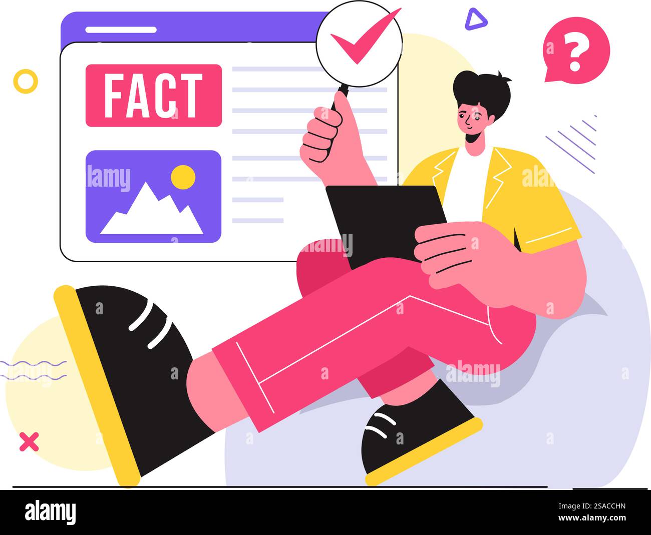 Fact or Fake Check News Vector Illustration with Myths vs Facts per una verifica approfondita e un confronto delle prove in uno sfondo in stile fumetto piatto Illustrazione Vettoriale