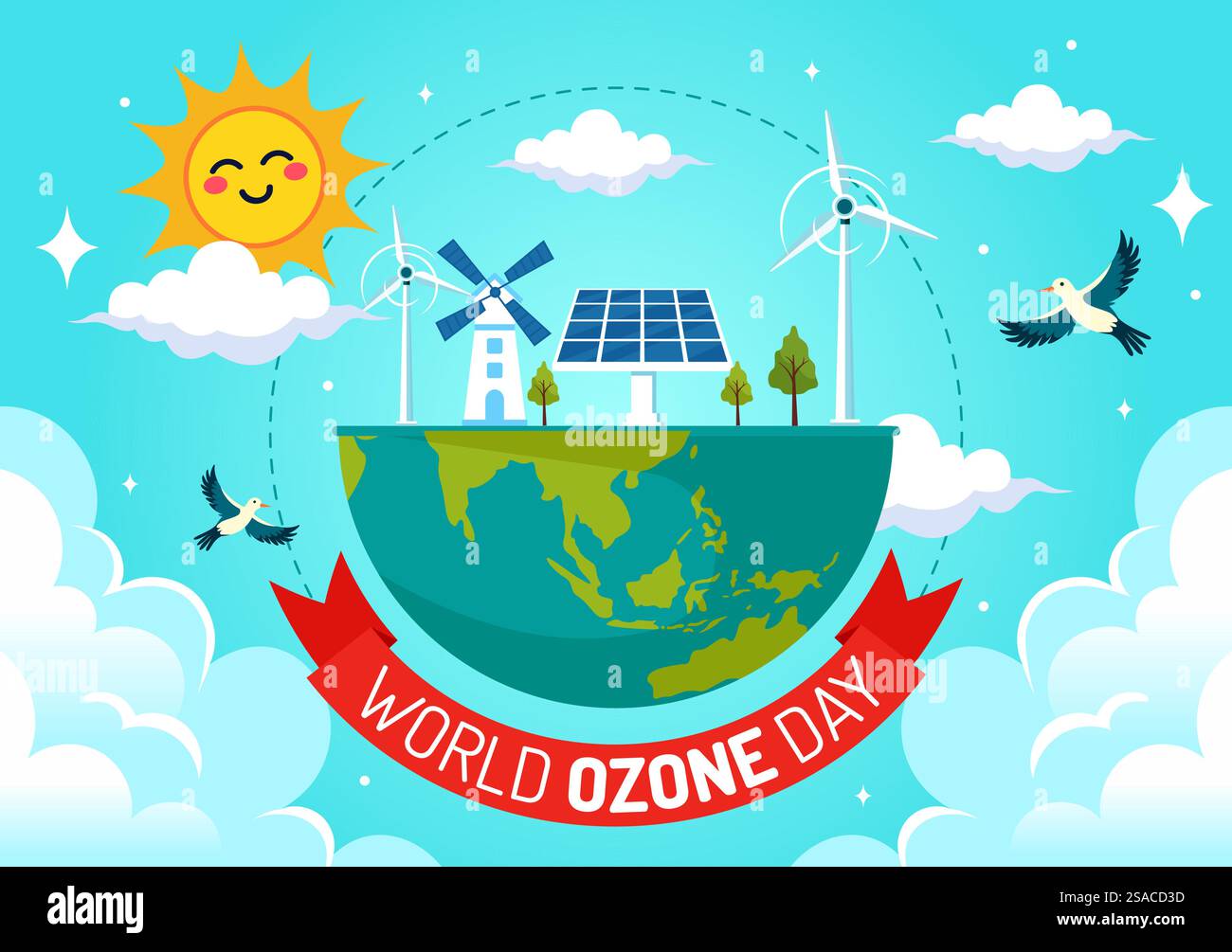 Illustrazione vettoriale della giornata mondiale dell'ozono il 16 settembre per sensibilizzare l'opinione pubblica sullo strato terrestre e sulla protezione dell'ambiente su sfondo piatto Illustrazione Vettoriale