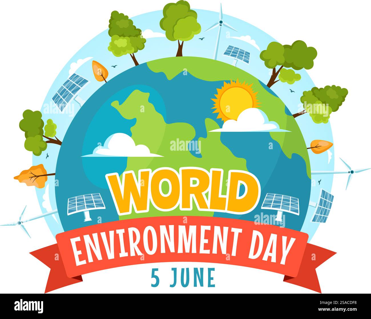 Illustrazione vettoriale della giornata mondiale dell'ambiente con l'albero verde e gli animali nella foresta per salvare il pianeta o prendersi cura della Terra in uno sfondo piatto Illustrazione Vettoriale