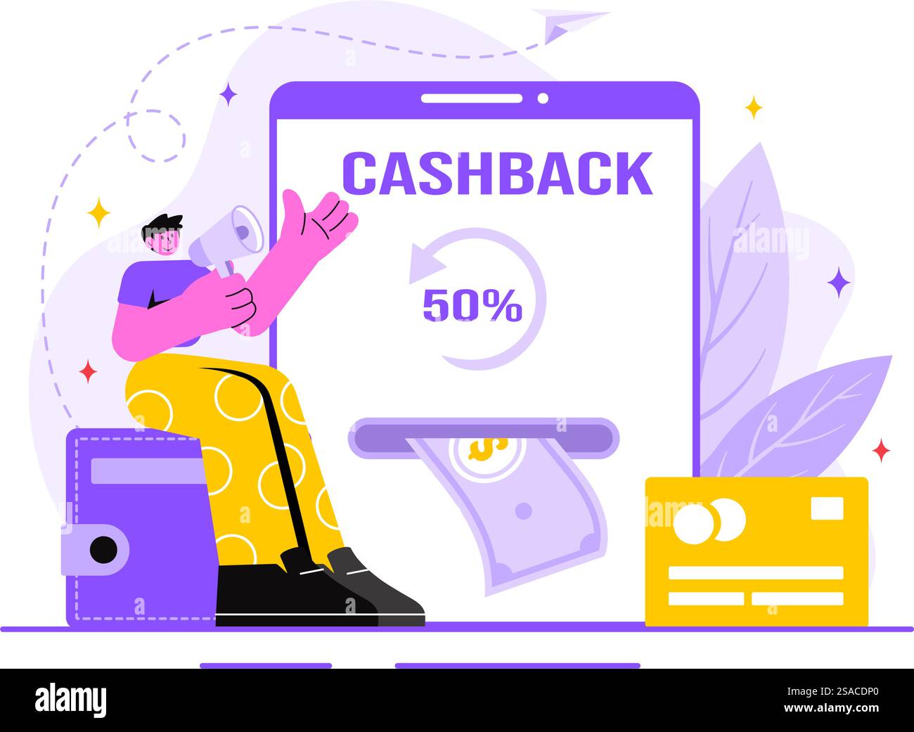 Illustrazione vettoriale cashback con servizio di pagamento finanziario a Money Cashback per un Acquirente su uno sfondo in stile fumetto piatto Illustrazione Vettoriale