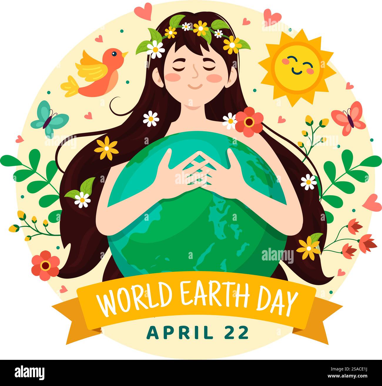 World Earth Day Vector Illustration il 22 aprile con World Map and Plants or Trees for Greening Awareness in Environment Flat Cartoon background Illustrazione Vettoriale