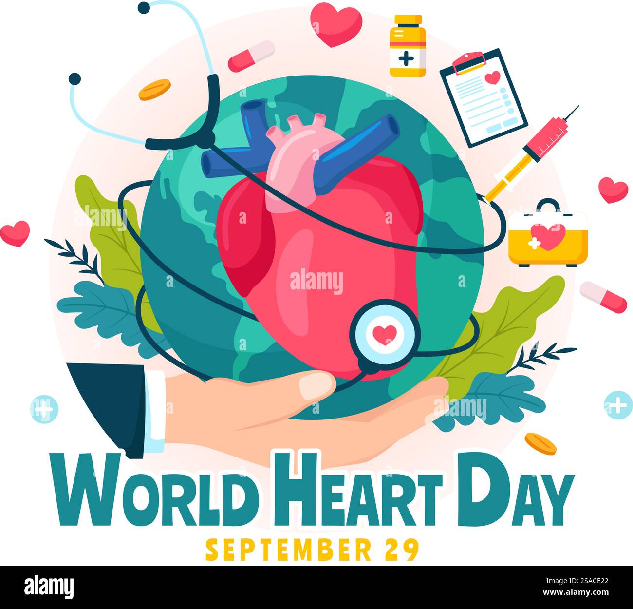 Illustrazione vettoriale della giornata mondiale del cuore il 29 settembre per aumentare la consapevolezza sull'importanza della salute, della cura e della prevenzione delle malattie in background Illustrazione Vettoriale