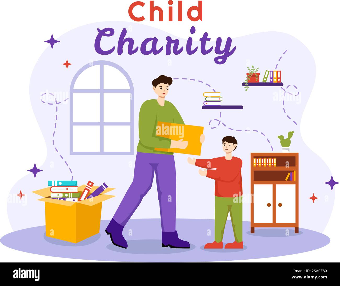 Carità infantile illustrazione vettoriale di sostegno benefico e protezione dei bambini con scatole di donazione di giocattoli, cibo e farmaci aiuti umanitari Illustrazione Vettoriale