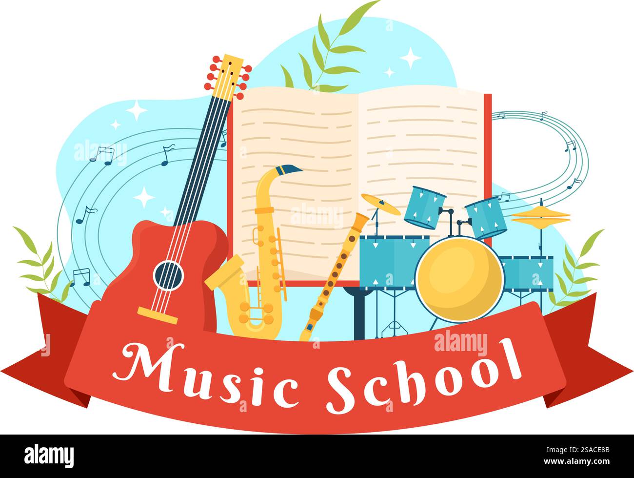 Scuola di musica illustrazione vettoriale con suonare vari strumenti musicali, formazione di musicisti e cantanti in Flat Kids Cartoon background Illustrazione Vettoriale