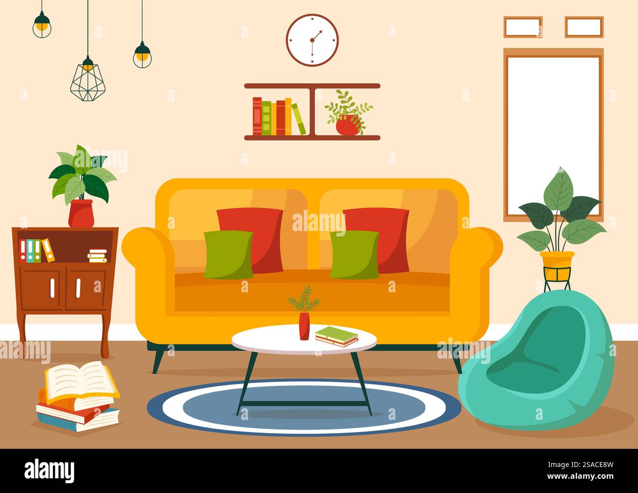 Illustrazione vettoriale di arredamento con interni e mobili del soggiorno come comodo divano, finestra, sedia, piante e accessori Illustrazione Vettoriale