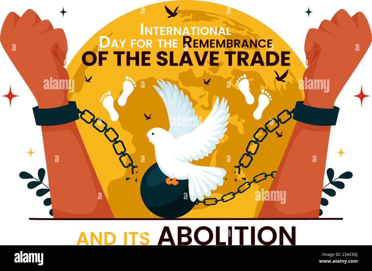 Illustrazione vettoriale per la giornata internazionale della memoria del commercio degli schiavi e la sua abolizione, con un bracciale a mano e una colomba sullo sfondo Illustrazione Vettoriale