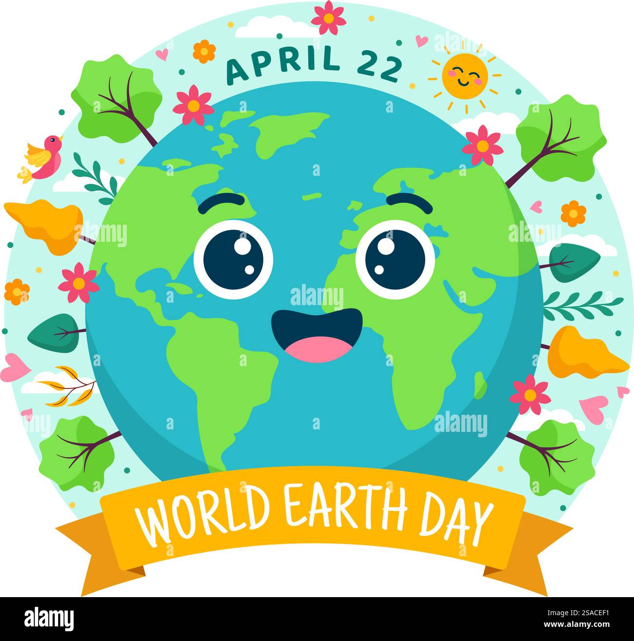 World Earth Day Vector Illustration il 22 aprile con World Map and Plants or Trees for Greening Awareness in Environment Flat Cartoon background Illustrazione Vettoriale