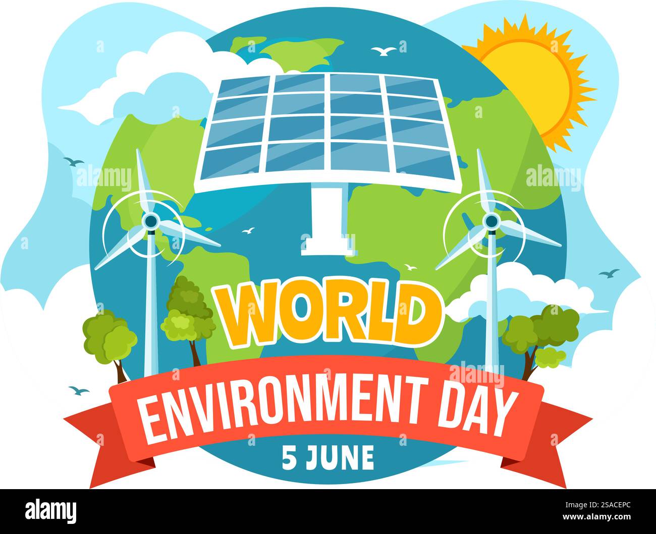 Illustrazione vettoriale della giornata mondiale dell'ambiente con l'albero verde e gli animali nella foresta per salvare il pianeta o prendersi cura della Terra in uno sfondo piatto Illustrazione Vettoriale