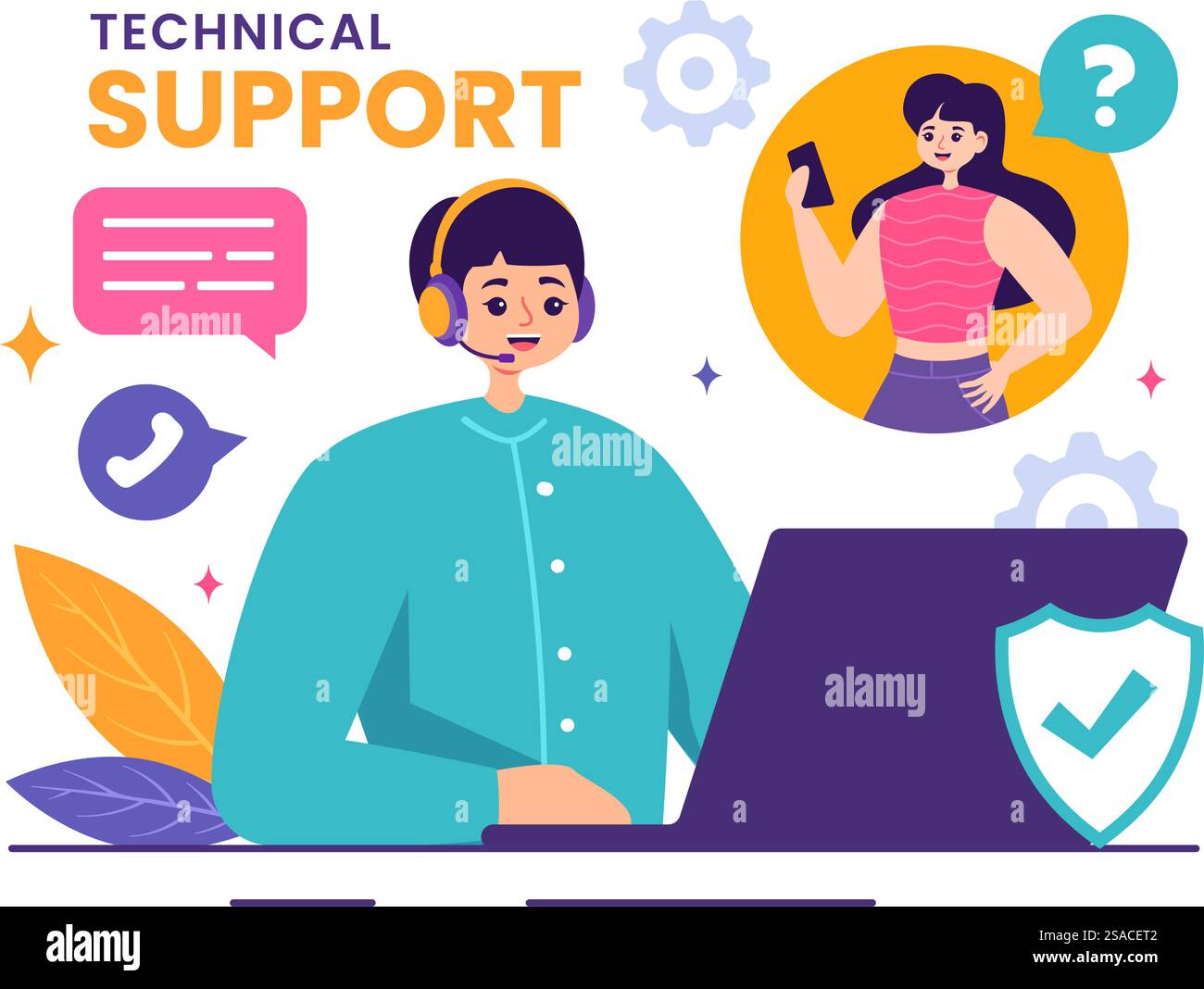 Illustrazione vettoriale di un sistema di supporto tecnico con sviluppo software, assistenza clienti e supporto tecnologico in un contesto di cartone animato Illustrazione Vettoriale