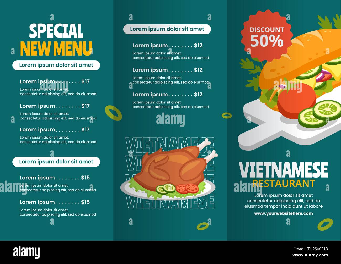 Vietnamita Brochure alimentare Cartoon modelli disegnati a mano illustrazione di sfondo Illustrazione Vettoriale