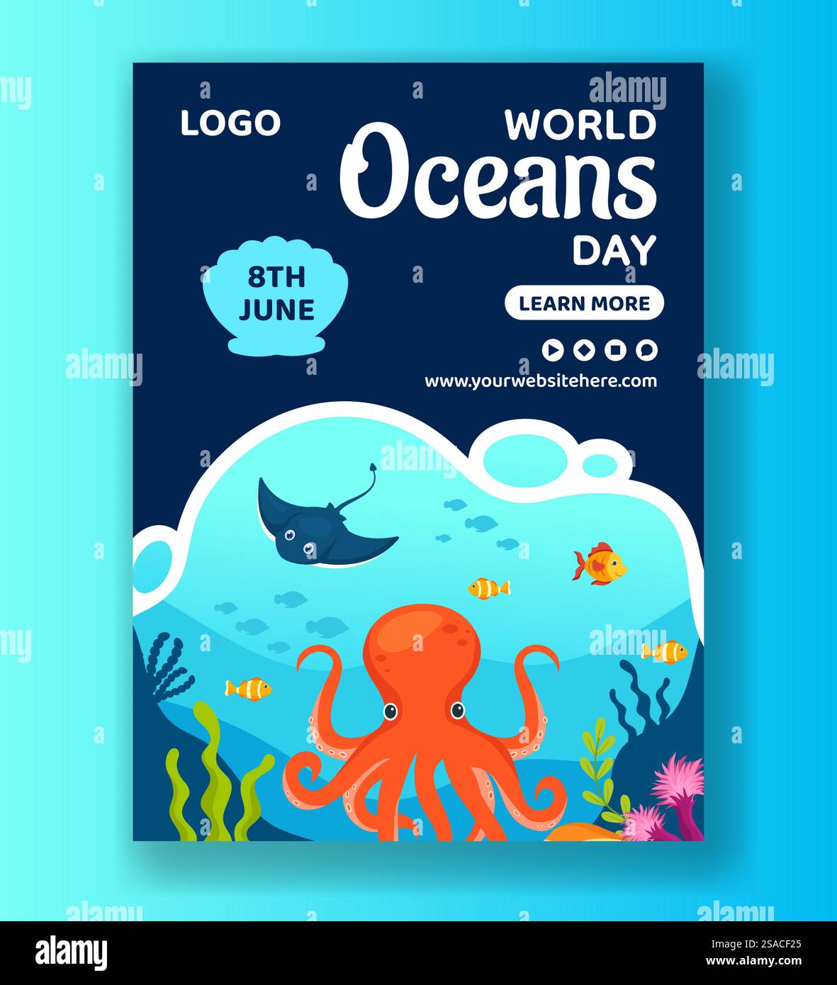 Illustrazione di sfondo dei modelli disegnati a mano del poster verticale di Oceans Day Illustrazione Vettoriale
