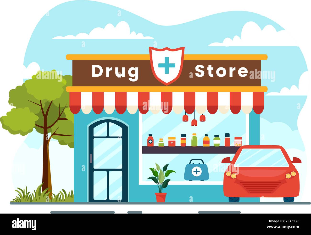 Illustrazione vettore negozio di droga con negozio per la vendita di farmaci, un farmacista, Medicina, capsule e bottiglia in assistenza sanitaria piano Cartoon sfondo Illustrazione Vettoriale