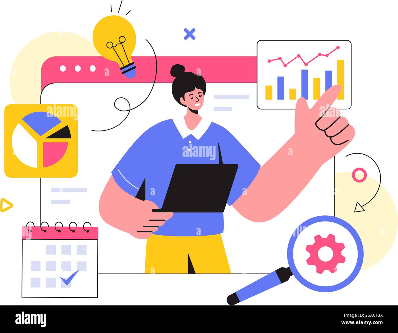 Analisi e ricerche di mercato illustrazione vettoriale con gestione dei team e analisi per la creazione di statistiche dei dati in un contesto di fumetti in stile flat Illustrazione Vettoriale