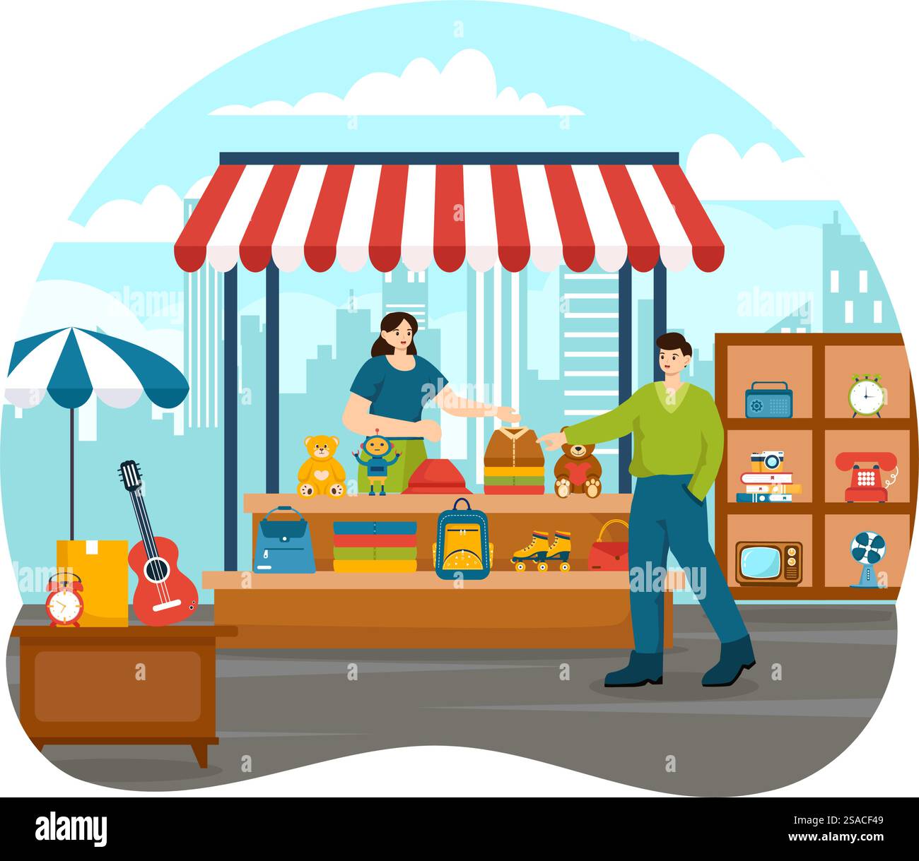 Illustrazione vettoriale del mercato delle pulci con negozio di seconda mano con acquirenti, Swap Meet, venditori e clienti durante il fine settimana su sfondo piatto aziendale Illustrazione Vettoriale
