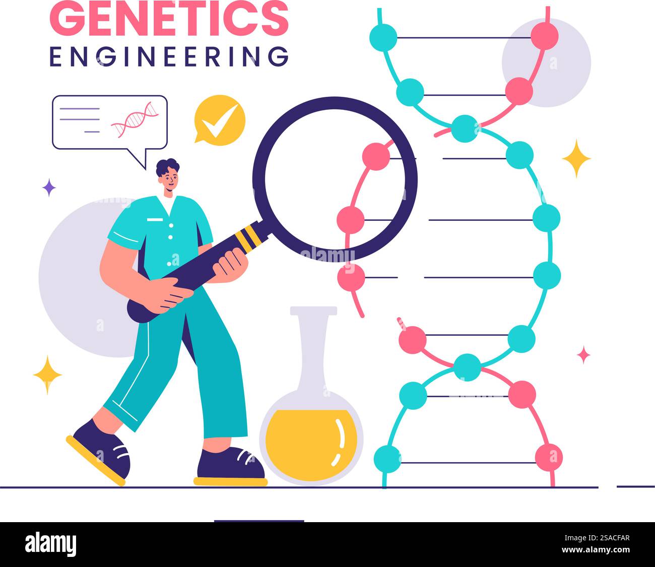 Illustrazione vettoriale dell'ingegneria genetica e delle modifiche del DNA con la ricerca genetica o gli scienziati sperimentali in un contesto di stile cartoni animati piatti Illustrazione Vettoriale