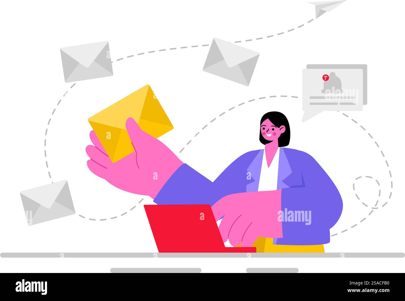 Illustrazione del vettore del servizio di posta elettronica con consegna della corrispondenza dei file, messaggistica di posta elettronica e marketing aziendale in un unico sfondo Illustrazione Vettoriale