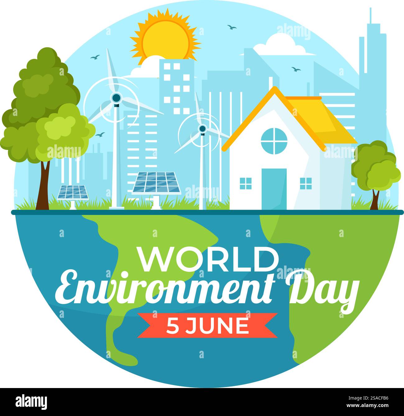 Illustrazione vettoriale della giornata mondiale dell'ambiente con l'albero verde e gli animali nella foresta per salvare il pianeta o prendersi cura della Terra in uno sfondo piatto Illustrazione Vettoriale