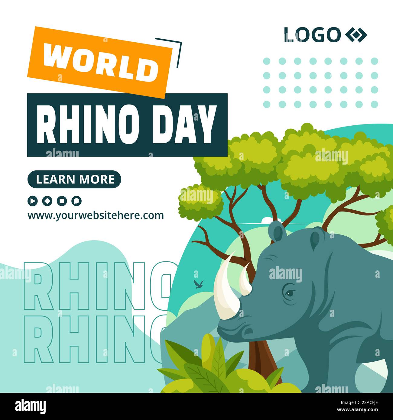 Rhino Day Social Media Illustration Flat Cartoon Hand Drawn Templates background Illustrazione Vettoriale