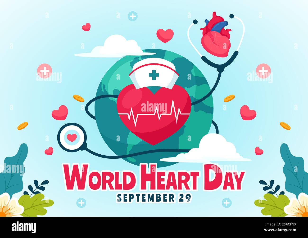 Illustrazione vettoriale della giornata mondiale del cuore il 29 settembre per aumentare la consapevolezza sull'importanza della salute, della cura e della prevenzione delle malattie in background Illustrazione Vettoriale