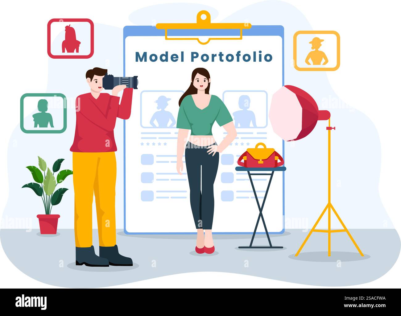 Illustrazione vettoriale del portfolio di modelli con Modeling Agency Manager e fotografo scattare foto del modello nella progettazione di sfondo di un cartone animato piano della piattaforma Illustrazione Vettoriale
