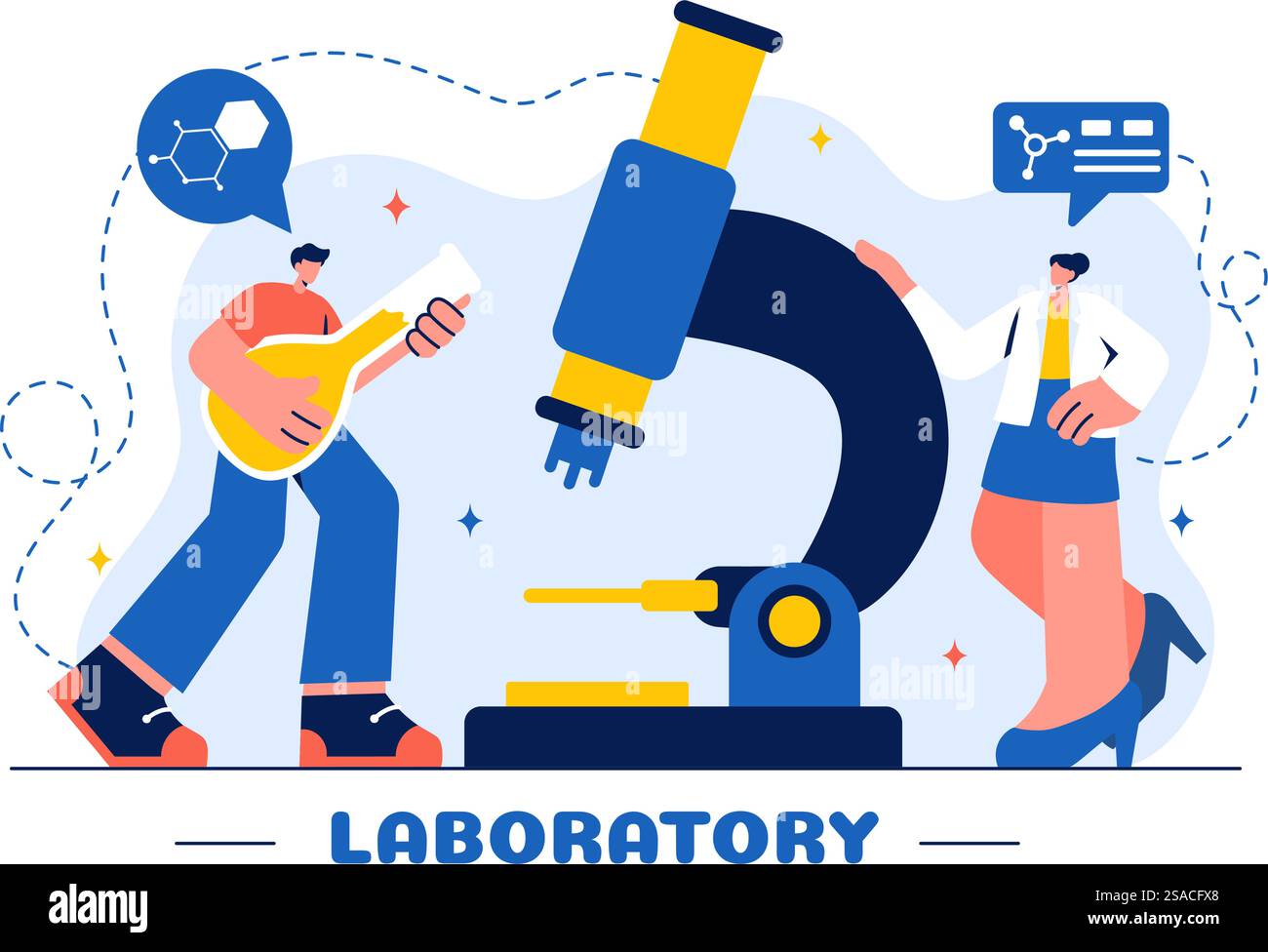 Un'illustrazione vettoriale di un laboratorio che conduce ricerche scientifiche, sperimentazioni e misurazioni su uno sfondo in stile cartone animato piatto Illustrazione Vettoriale