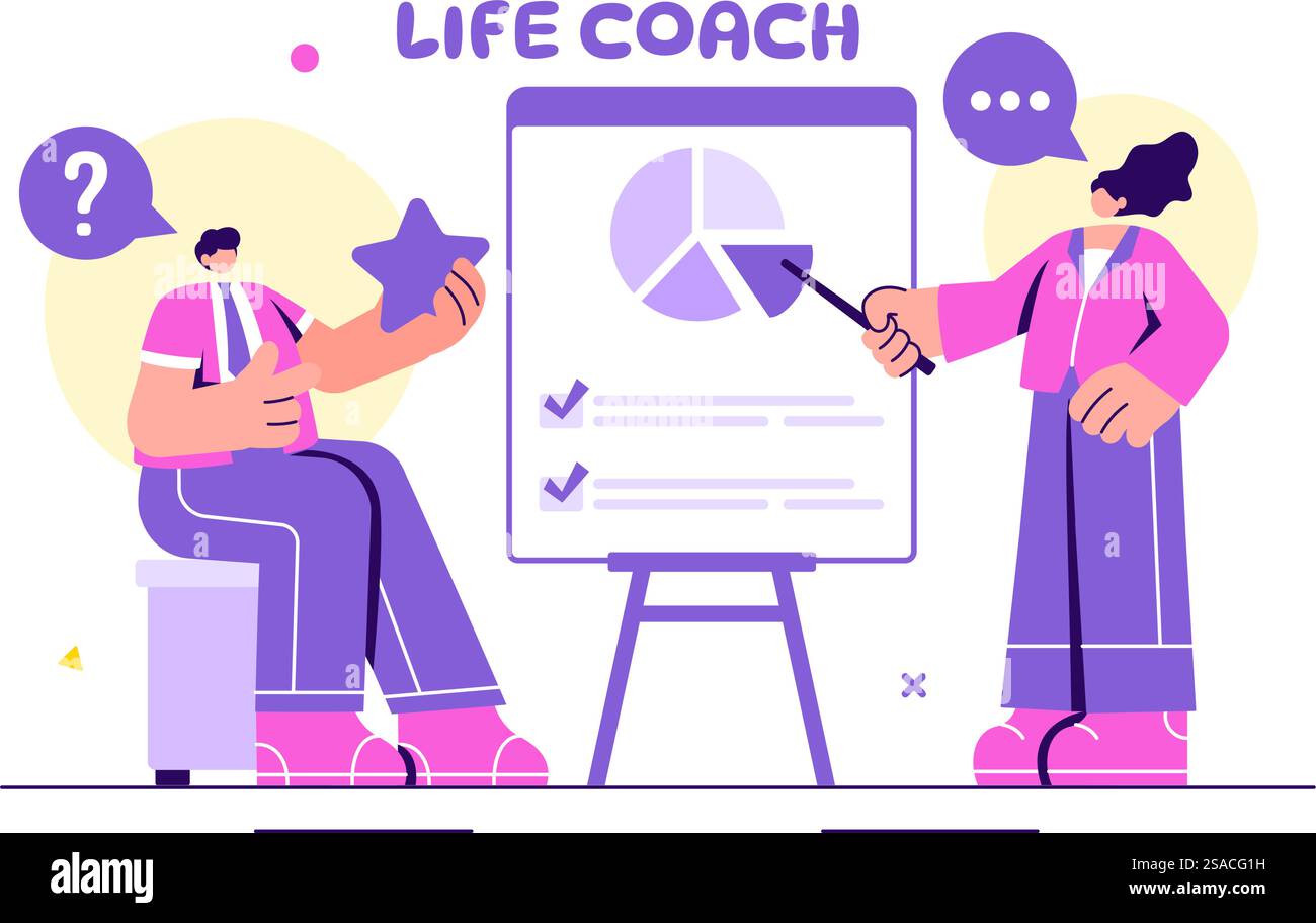 Illustrazione vettoriale di Life Coach per consulenze, formazione, motivazione, prospettiva di mentoring e autoformazione in un contesto di fumetti piano aziendale Illustrazione Vettoriale