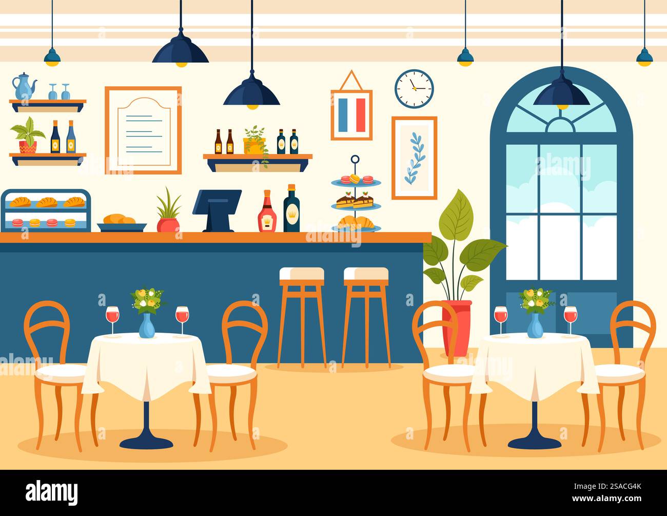 Cucina francese ristorante Vector illustrazione con vari piatti tradizionali o nazionali della Francia su sfondo di cartone animato piatto Illustrazione Vettoriale