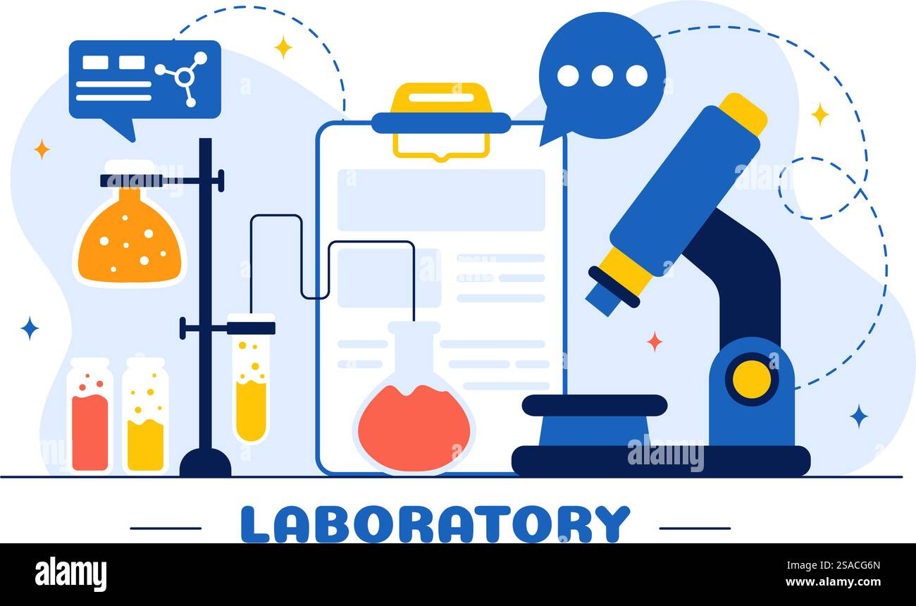 Un'illustrazione vettoriale di un laboratorio che conduce ricerche scientifiche, sperimentazioni e misurazioni su uno sfondo in stile cartone animato piatto Illustrazione Vettoriale