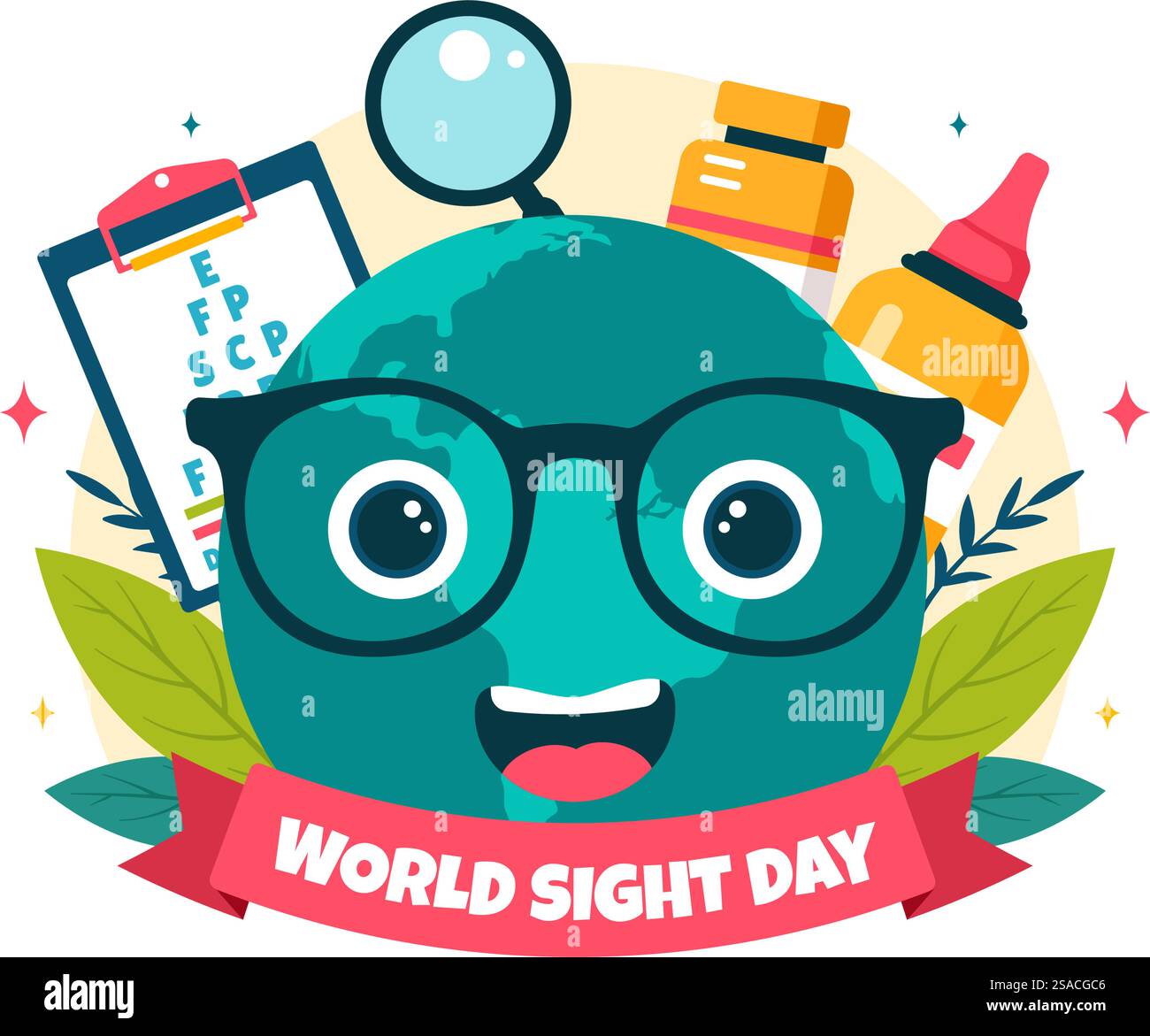 Illustrazione vettoriale della giornata mondiale della vista del 10 ottobre, con ispezione visiva, cecità e compromissione visiva su sfondo di cartone animato in stile piatto Illustrazione Vettoriale