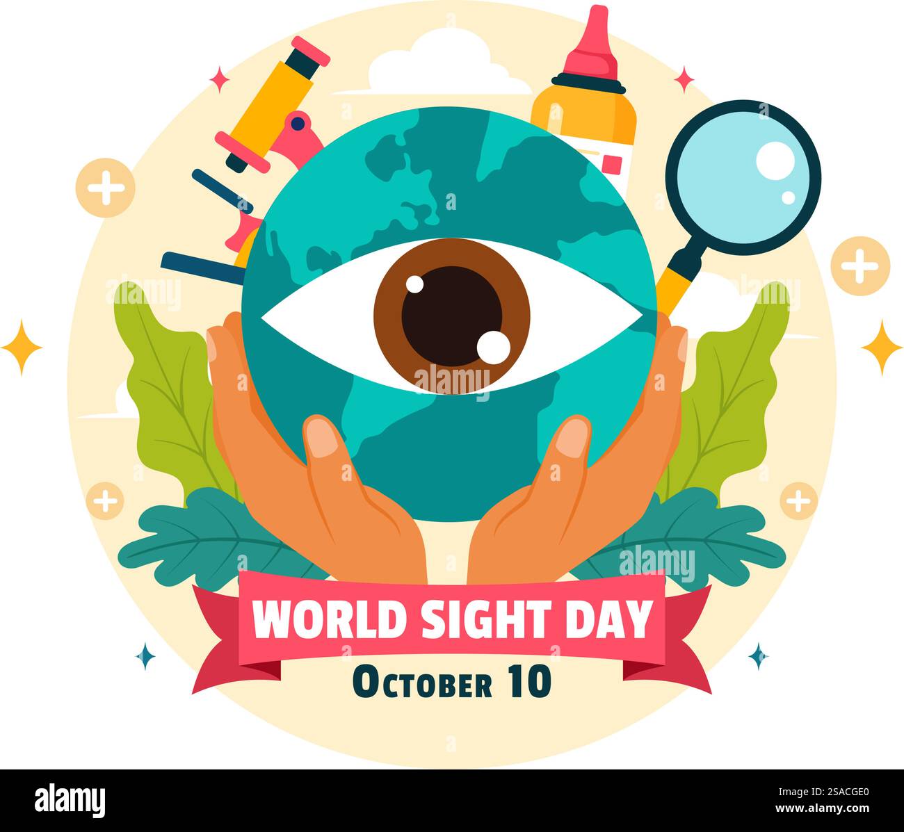 Illustrazione vettoriale della giornata mondiale della vista del 10 ottobre, con ispezione visiva, cecità e compromissione visiva su sfondo di cartone animato in stile piatto Illustrazione Vettoriale